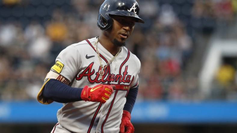 Aug 7, 2023; Pittsburgh, Pennsylvania, USA; Atlanta Braves second baseman Ozzie Albies (1) circles the bases on a solo home run against the Pittsburgh Pirates during the fourth inning at PNC Park. Mandatory Credit: Charles LeClaire-USA TODAY Sports