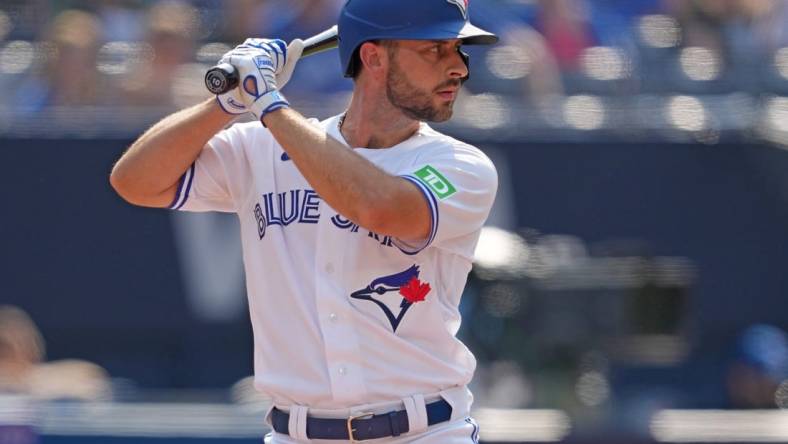 Aug 3, 2023; Toronto, Ontario, CAN; Toronto Blue Jays shortstop Paul DeJong (10) waits for a pitch against the Baltimore Orioles during the fifth inning at Rogers Centre. Mandatory Credit: Nick Turchiaro-USA TODAY Sports