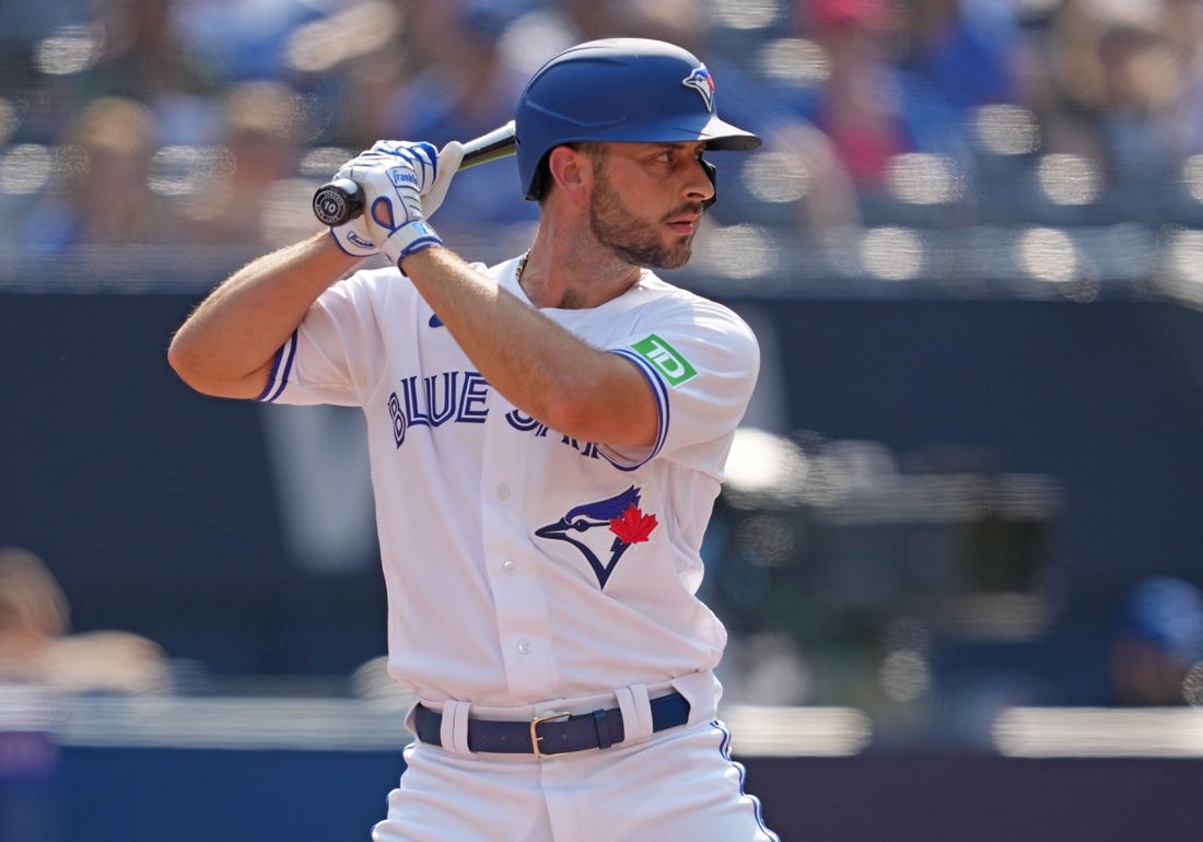 Aug 3, 2023; Toronto, Ontario, CAN; Toronto Blue Jays shortstop Paul DeJong (10) waits for a pitch against the Baltimore Orioles during the fifth inning at Rogers Centre. Mandatory Credit: Nick Turchiaro-USA TODAY Sports