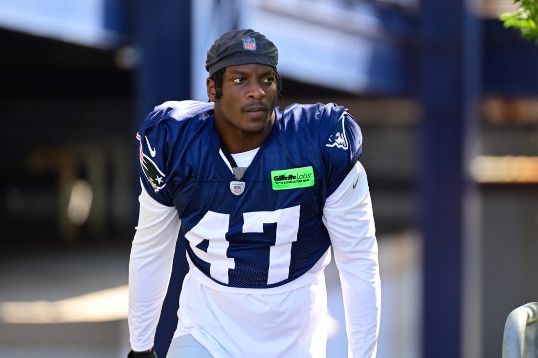 Aug 2, 2023; Foxborough, MA, USA; New England Patriots linebacker Olakunle Fatukasi (47) heads to the practice fields at Gillette Stadium. Mandatory Credit: Eric Canha-USA TODAY Sports