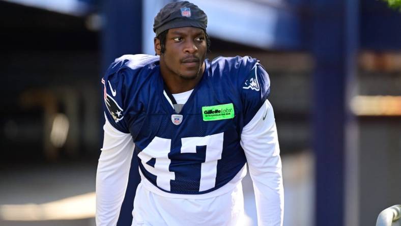 Aug 2, 2023; Foxborough, MA, USA; New England Patriots linebacker Olakunle Fatukasi (47) heads to the practice fields at Gillette Stadium. Mandatory Credit: Eric Canha-USA TODAY Sports