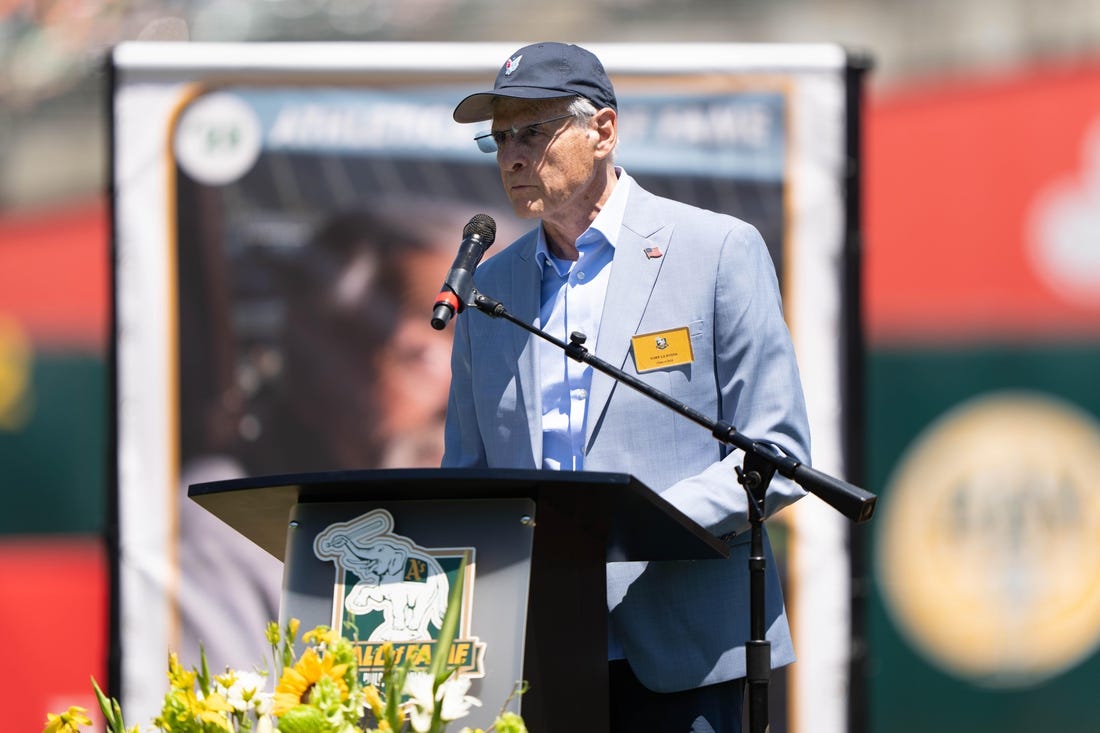 Aug 6, 2023; Oakland, California, USA;  Retired baseball pitcher, manager and coach Tony La Russa speaks to fans during the ceremony of the Oakland Athletics Hall of Fame for the Class of 2023. The ceremony was held before the start of the game between the Oakland Athletics and the San Francisco Giants at Oakland-Alameda County Coliseum. Mandatory Credit: Stan Szeto-USA TODAY Sports