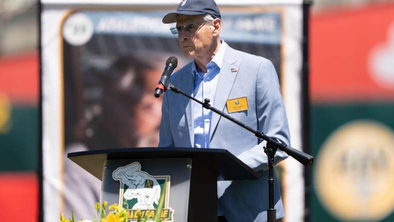 Aug 6, 2023; Oakland, California, USA;  Retired baseball pitcher, manager and coach Tony La Russa speaks to fans during the ceremony of the Oakland Athletics Hall of Fame for the Class of 2023. The ceremony was held before the start of the game between the Oakland Athletics and the San Francisco Giants at Oakland-Alameda County Coliseum. Mandatory Credit: Stan Szeto-USA TODAY Sports