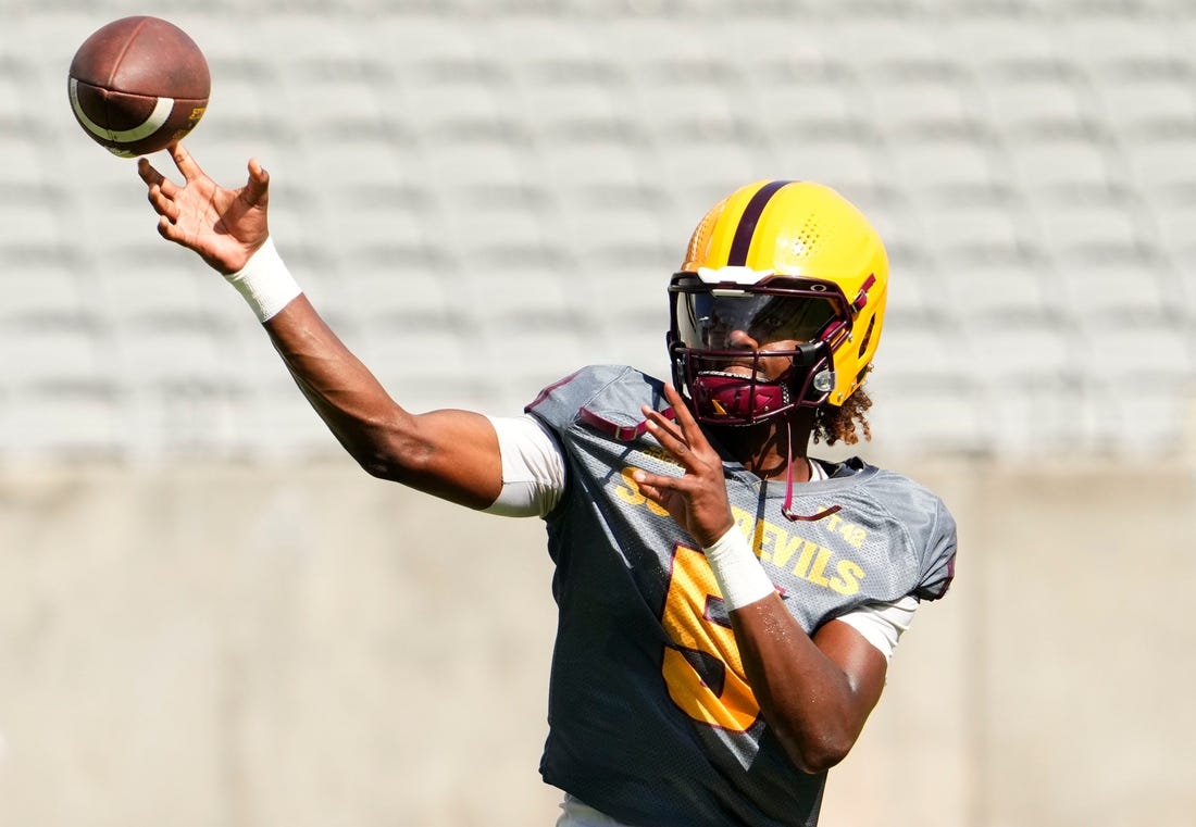 Arizona State quarterback Jaden Rashada (5) during football practice at Mountain America Stadium in Tempe on Aug. 8, 2023.