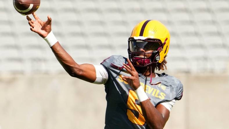 Arizona State quarterback Jaden Rashada (5) during football practice at Mountain America Stadium in Tempe on Aug. 8, 2023.