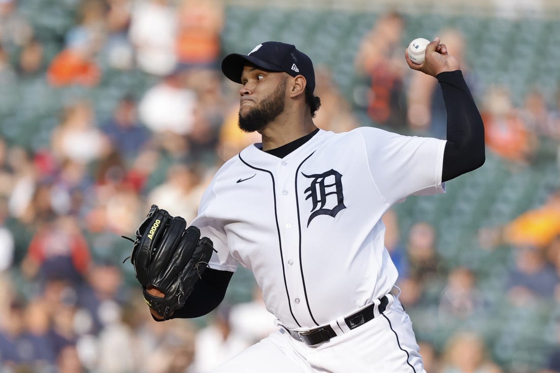 Aug 8, 2023; Detroit, Michigan, USA;  Detroit Tigers starting pitcher Eduardo Rodriguez (57) pitches in the first inning against the Minnesota Twins at Comerica Park. Mandatory Credit: Rick Osentoski-USA TODAY Sports