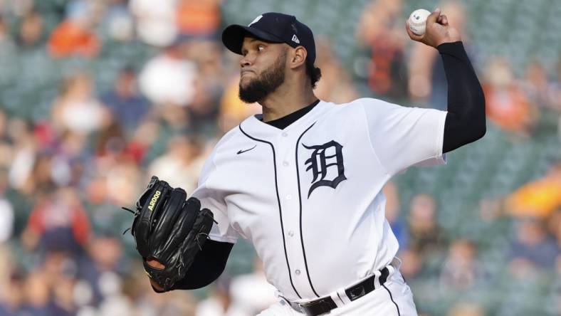 Aug 8, 2023; Detroit, Michigan, USA;  Detroit Tigers starting pitcher Eduardo Rodriguez (57) pitches in the first inning against the Minnesota Twins at Comerica Park. Mandatory Credit: Rick Osentoski-USA TODAY Sports