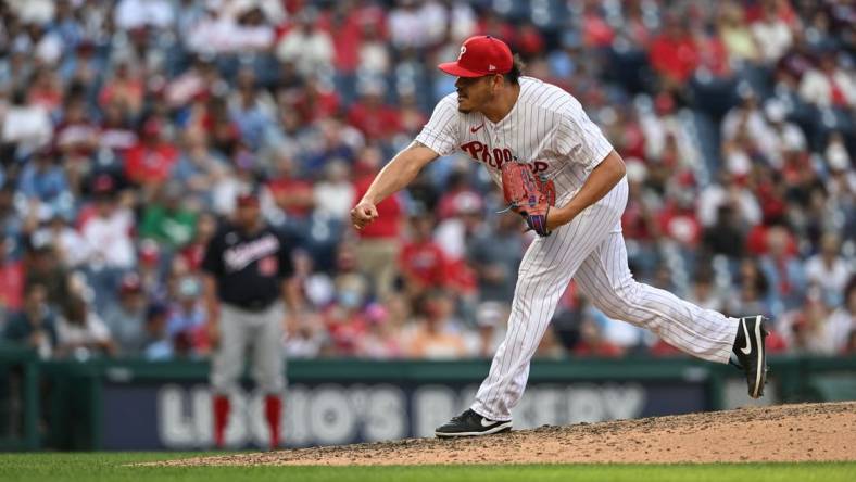 Aug 8, 2023; Philadelphia, Pennsylvania, USA;  Philadelphia Phillies relief pitcher Luis Ortiz (56) pitches in the eighth inning against the Washington Nationals at Citizens Bank Park.The Phillies won 8-4. Mandatory Credit: John Geliebter-USA TODAY Sports