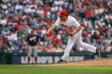 Aug 8, 2023; Philadelphia, Pennsylvania, USA;  Philadelphia Phillies relief pitcher Luis Ortiz (56) pitches in the eighth inning against the Washington Nationals at Citizens Bank Park.The Phillies won 8-4. Mandatory Credit: John Geliebter-USA TODAY Sports