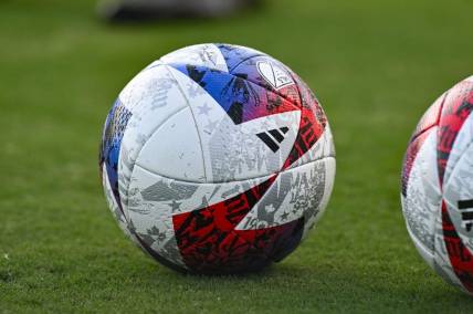 Aug 8, 2023; Chester, PA, USA; General view of soccer balls on the field prior to the MLS Leagues Cup round of 16 match between the Philadelphia Union and the New York Red Bulls at Subaru Park. Mandatory Credit: John Jones-USA TODAY Sports