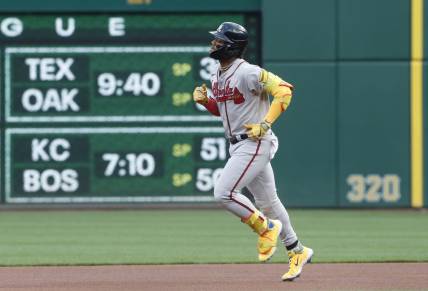 Aug 8, 2023; Pittsburgh, Pennsylvania, USA;  Atlanta Braves right fielder Ronald Acuna Jr. (13) circles the bases on a solo home run against the Pittsburgh Pirates during the first inning at PNC Park. Mandatory Credit: Charles LeClaire-USA TODAY Sports