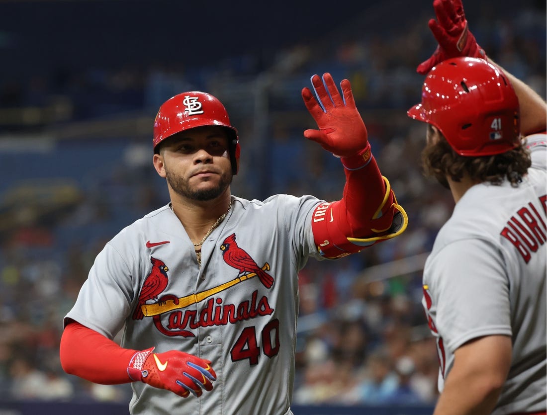 Aug 8, 2023; St. Petersburg, Florida, USA; St. Louis Cardinals catcher Willson Contreras (40) is congratulated after he hit a home run against the Tampa Bay Rays during the ninth inning at Tropicana Field. Mandatory Credit: Kim Klement Neitzel-USA TODAY Sports