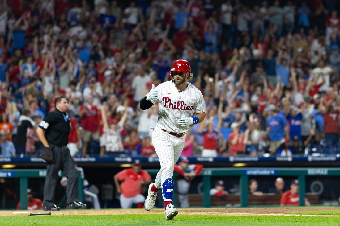 Aug 8, 2023; Philadelphia, Pennsylvania, USA; Philadelphia Phillies designated hitter Bryce Harper (3) reacts after hitting a two RBI home run during the fifth inning against the Washington Nationals at Citizens Bank Park. Mandatory Credit: Bill Streicher-USA TODAY Sports