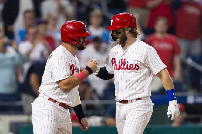 Philadelphia Phillies Kyle Schwarber homers in the fifth inning