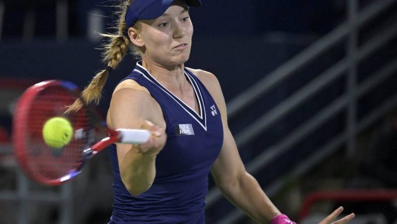 Aug 8, 2023; Montreal, Quebec, Canada; Elena Rybakina (KAZ) hits a forehand against Jennifer Brady (USA) (not pictured) during second round play at IGA Stadium. Mandatory Credit: Eric Bolte-USA TODAY Sports