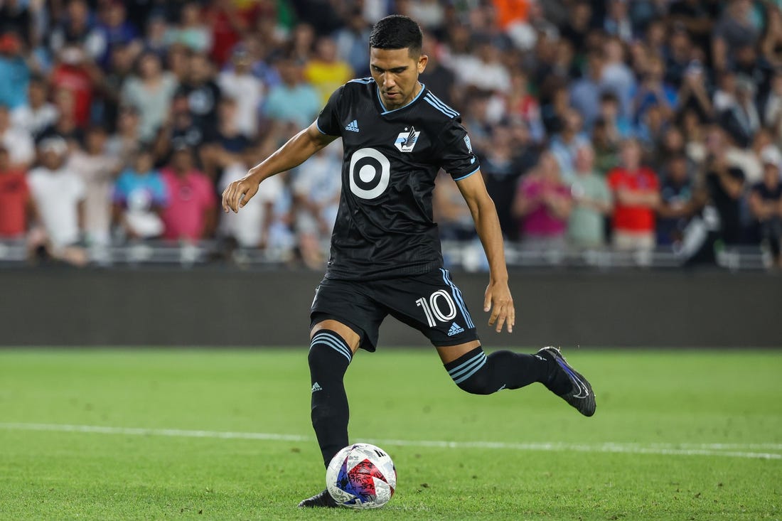 Aug 8, 2023; St. Paul, MN, USA; Minnesota United midfielder Emanuel Reynoso (10) shoots during a penalty shootout against the Toluca at Allianz Field. Mandatory Credit: Matt Krohn-USA TODAY Sports