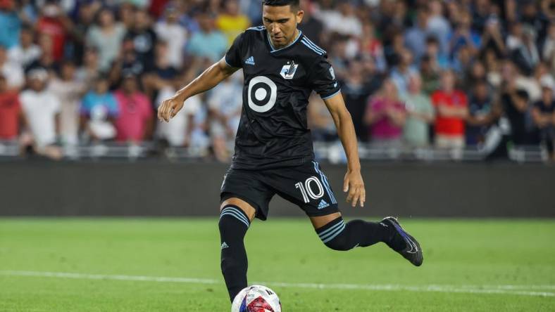 Aug 8, 2023; St. Paul, MN, USA; Minnesota United midfielder Emanuel Reynoso (10) shoots during a penalty shootout against the Toluca at Allianz Field. Mandatory Credit: Matt Krohn-USA TODAY Sports