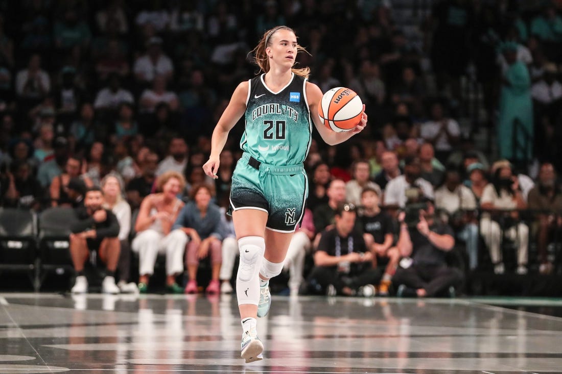 Aug 6, 2023; Brooklyn, New York, USA;  New York Liberty guard Sabrina Ionescu (20) at Barclays Center. Mandatory Credit: Wendell Cruz-USA TODAY Sports