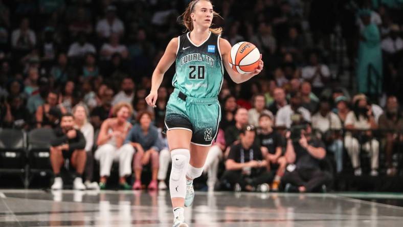 Aug 6, 2023; Brooklyn, New York, USA;  New York Liberty guard Sabrina Ionescu (20) at Barclays Center. Mandatory Credit: Wendell Cruz-USA TODAY Sports