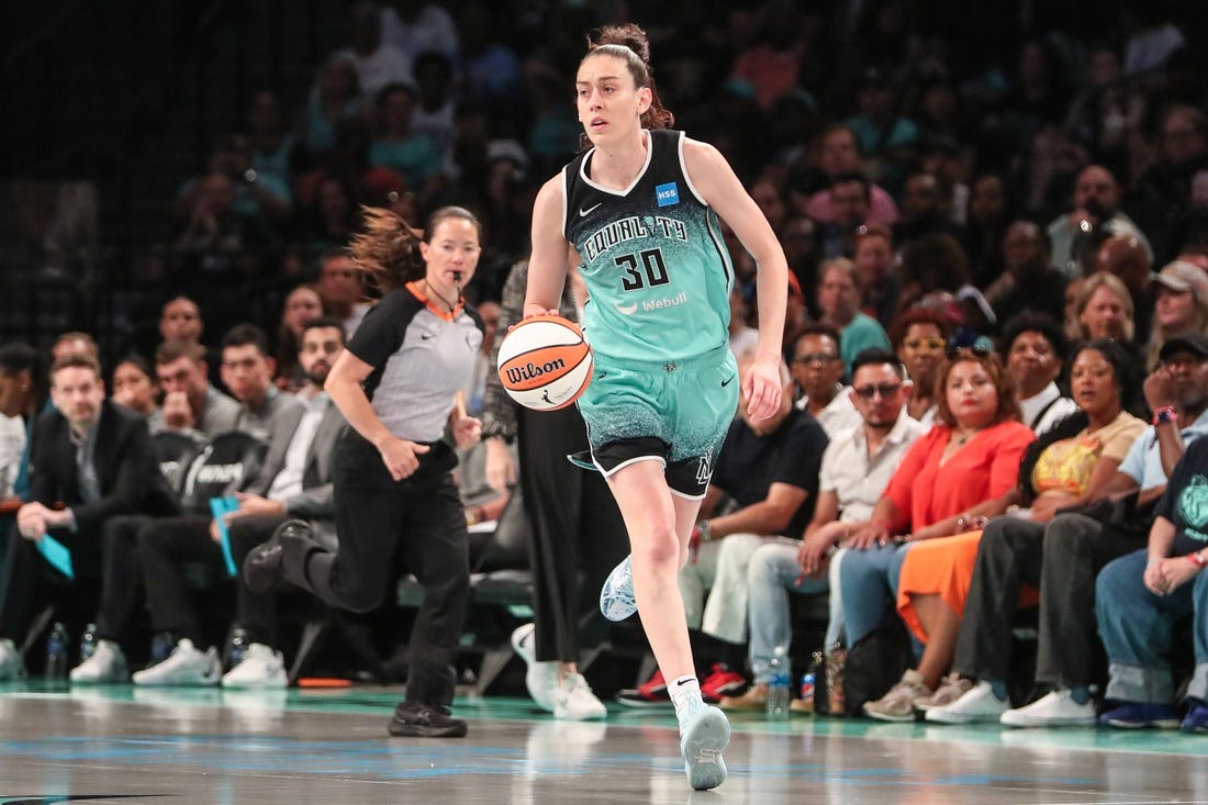 Aug 6, 2023; Brooklyn, New York, USA;  New York Liberty forward Breanna Stewart (30) at Barclays Center. Mandatory Credit: Wendell Cruz-USA TODAY Sports