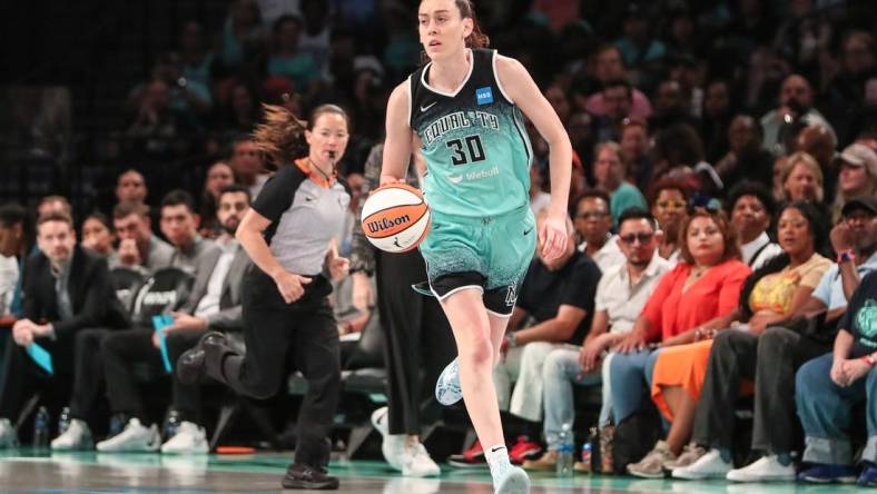 Aug 6, 2023; Brooklyn, New York, USA;  New York Liberty forward Breanna Stewart (30) at Barclays Center. Mandatory Credit: Wendell Cruz-USA TODAY Sports