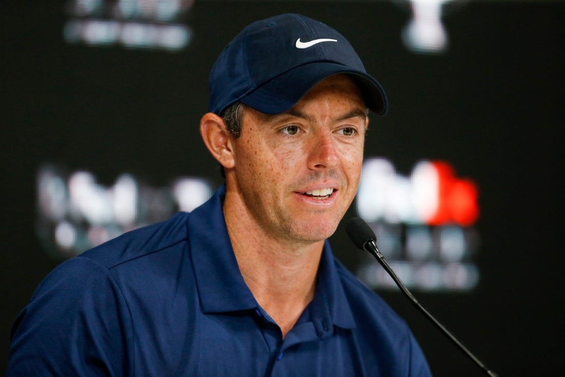 PGA Tour golfer Rory McIlroy answers questions from the media during the FedEx St. Jude Championship pro-am at TPC Southwind in Memphis, Tenn., on Wednesday, August 9, 2023.