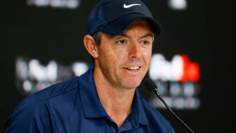 PGA Tour golfer Rory McIlroy answers questions from the media during the FedEx St. Jude Championship pro-am at TPC Southwind in Memphis, Tenn., on Wednesday, August 9, 2023.