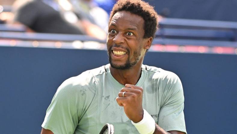 Aug 9, 2023; Toronto, Ontario, Canada;   Gael Monfils (FRA) reacts after winning a point against Stefanos Tsitsipas (GRE) (not pictured) during round 3 play at Sobeys Stadium. Mandatory Credit: Dan Hamilton-USA TODAY Sports