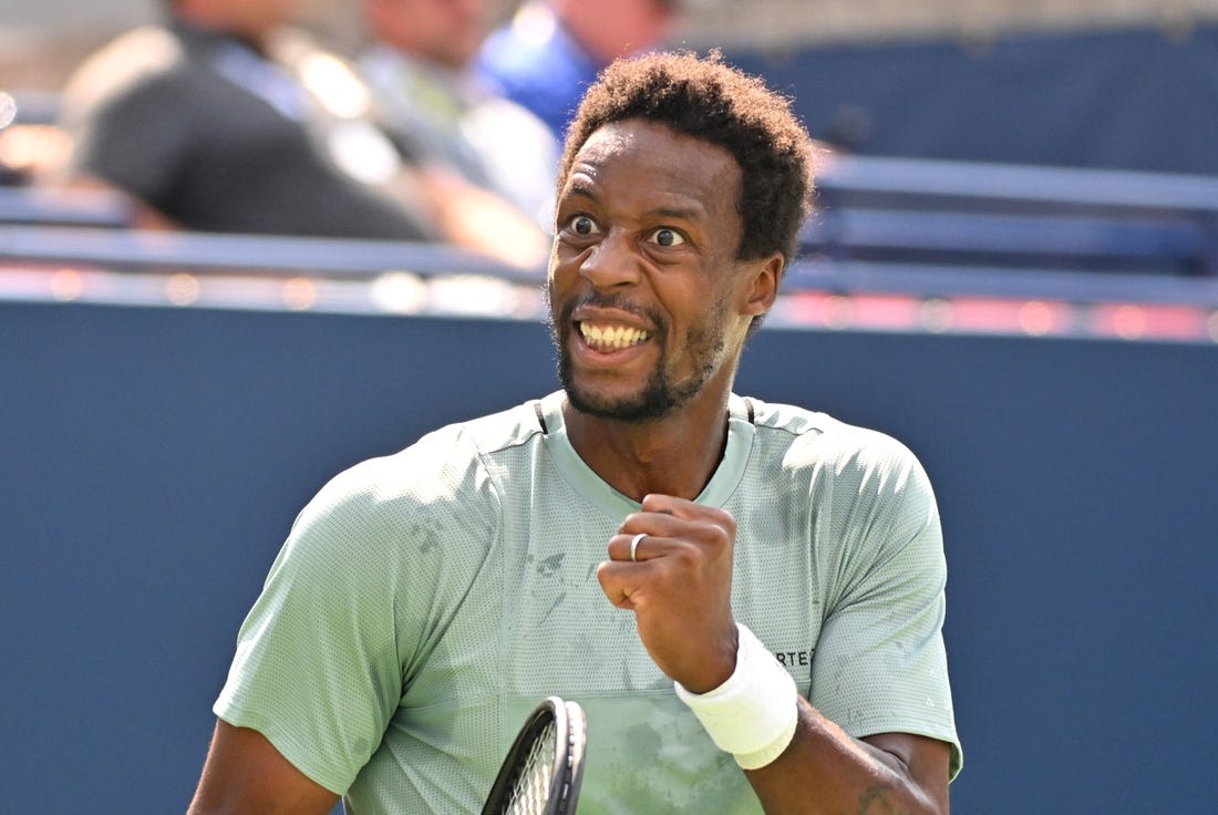 Aug 9, 2023; Toronto, Ontario, Canada;   Gael Monfils (FRA) reacts after winning a point against Stefanos Tsitsipas (GRE) (not pictured) during round 3 play at Sobeys Stadium. Mandatory Credit: Dan Hamilton-USA TODAY Sports
