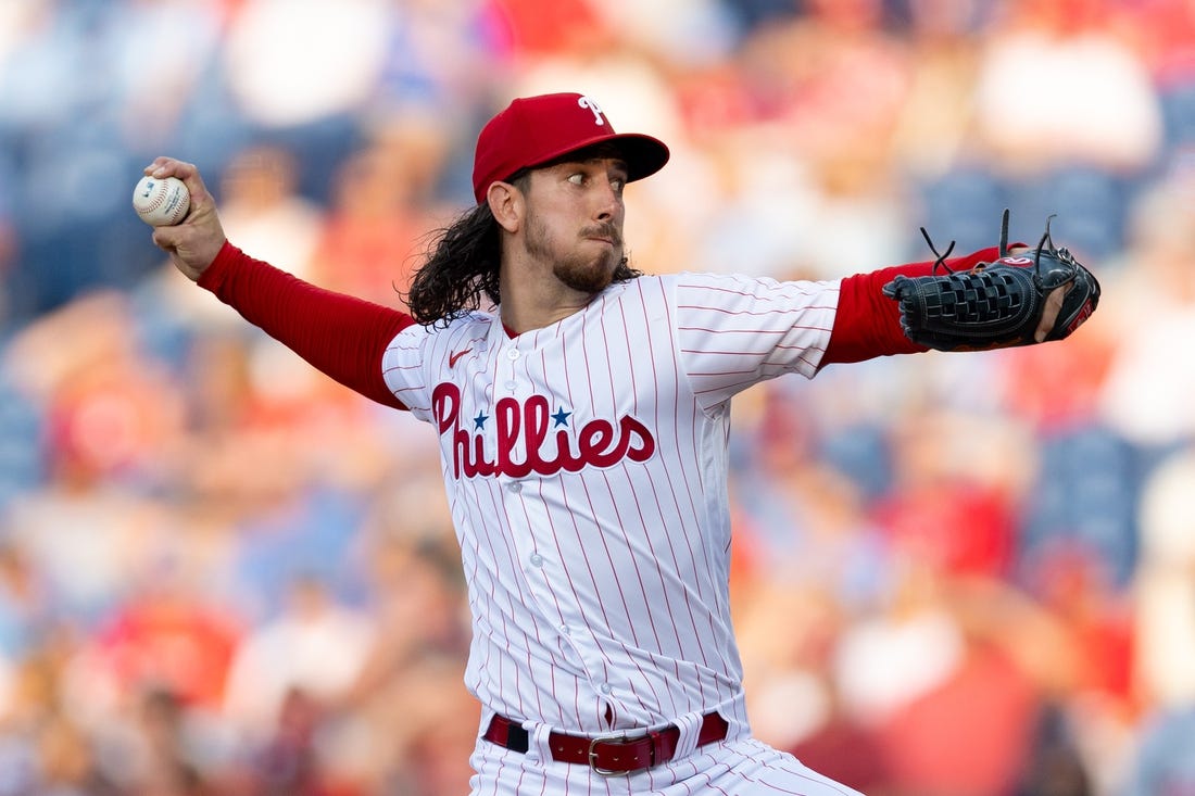 Aug 9, 2023; Philadelphia, Pennsylvania, USA; Philadelphia Phillies starting pitcher Michael Lorenzen (22) throws a pitch during the first inning against the Washington Nationals at Citizens Bank Park. Mandatory Credit: Bill Streicher-USA TODAY Sports