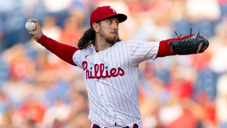 Aug 9, 2023; Philadelphia, Pennsylvania, USA; Philadelphia Phillies starting pitcher Michael Lorenzen (22) throws a pitch during the first inning against the Washington Nationals at Citizens Bank Park. Mandatory Credit: Bill Streicher-USA TODAY Sports