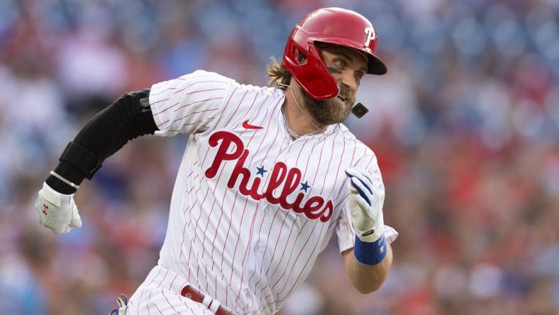 Aug 9, 2023; Philadelphia, Pennsylvania, USA; Philadelphia Phillies designated hitter Bryce Harper (3) runs the bases after hitting an RBI double during the first inning against the Washington Nationals at Citizens Bank Park. Mandatory Credit: Bill Streicher-USA TODAY Sports