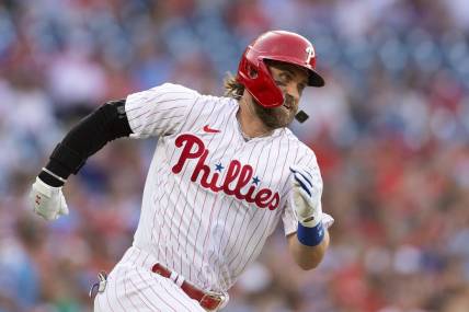 Aug 9, 2023; Philadelphia, Pennsylvania, USA; Philadelphia Phillies designated hitter Bryce Harper (3) runs the bases after hitting an RBI double during the first inning against the Washington Nationals at Citizens Bank Park. Mandatory Credit: Bill Streicher-USA TODAY Sports