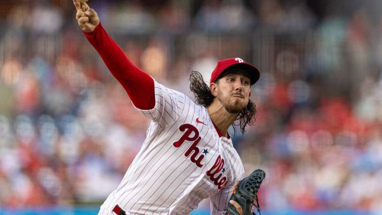 Aug 9, 2023; Philadelphia, Pennsylvania, USA; Philadelphia Phillies starting pitcher Michael Lorenzen (22) throws a pitch during the second inning against the Washington Nationals at Citizens Bank Park. Mandatory Credit: Bill Streicher-USA TODAY Sports