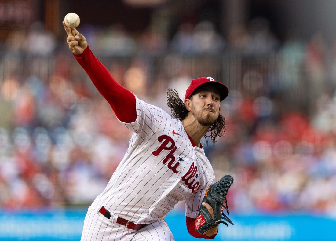 Aug 9, 2023; Philadelphia, Pennsylvania, USA; Philadelphia Phillies starting pitcher Michael Lorenzen (22) throws a pitch during the second inning against the Washington Nationals at Citizens Bank Park. Mandatory Credit: Bill Streicher-USA TODAY Sports