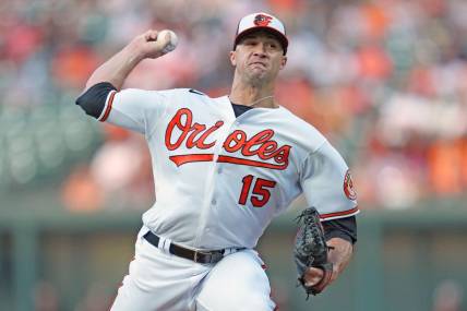 Aug 9, 2023; Baltimore, Maryland, USA; Baltimore Orioles pitcher Jack Flaherty (15) delivers in the first inning against the Houston Astros at Oriole Park at Camden Yards. Mandatory Credit: Mitch Stringer-USA TODAY Sports