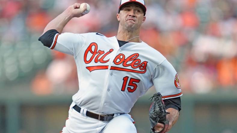 Aug 9, 2023; Baltimore, Maryland, USA; Baltimore Orioles pitcher Jack Flaherty (15) delivers in the first inning against the Houston Astros at Oriole Park at Camden Yards. Mandatory Credit: Mitch Stringer-USA TODAY Sports