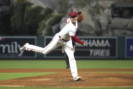 Aug 9, 2023; Anaheim, California, USA; Los Angeles Angels starting pitcher Shohei Ohtani (17) throws in the sixth inning against the San Francisco Giants at Angel Stadium. Mandatory Credit: Kirby Lee-USA TODAY Sports