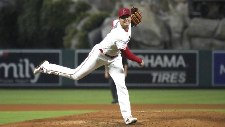 Aug 9, 2023; Anaheim, California, USA; Los Angeles Angels starting pitcher Shohei Ohtani (17) throws in the sixth inning against the San Francisco Giants at Angel Stadium. Mandatory Credit: Kirby Lee-USA TODAY Sports