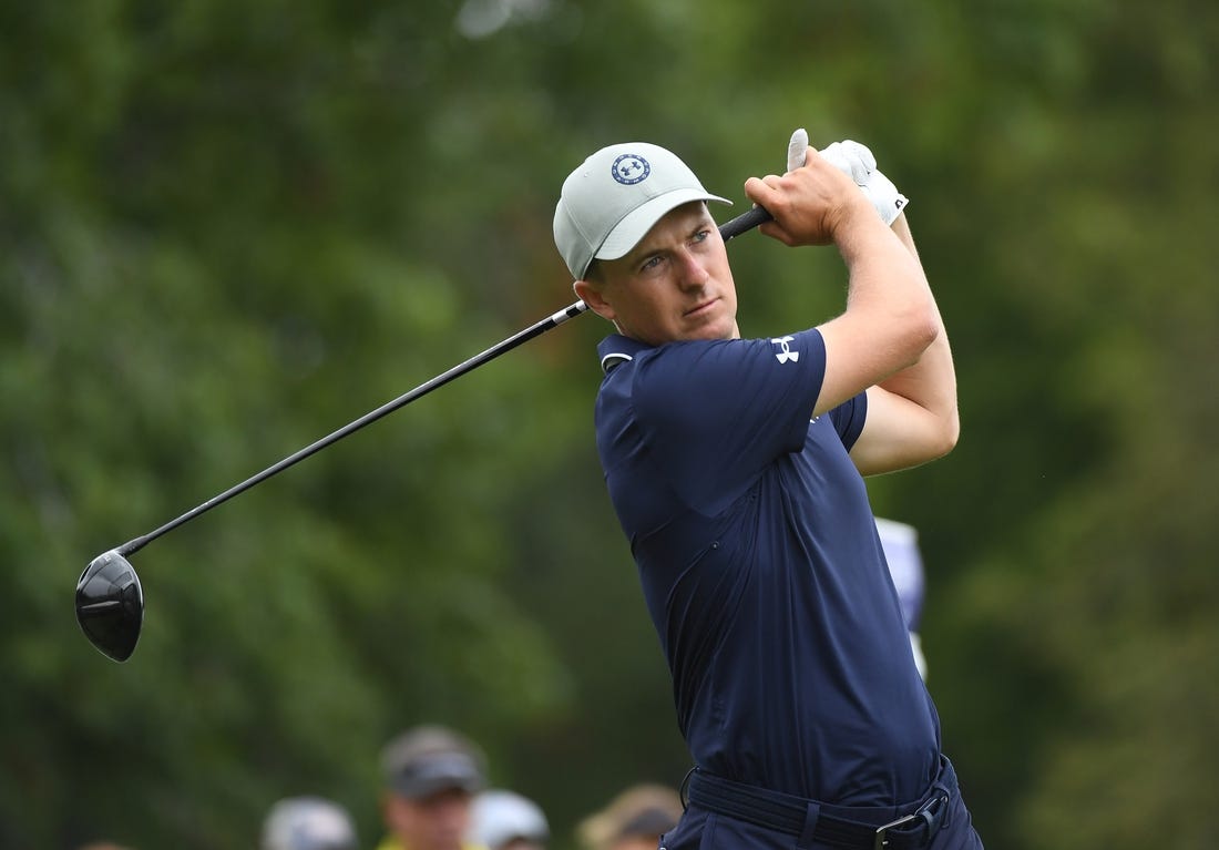 Aug 10, 2023; Memphis, Tennessee, USA; Jordan Spieth hits his tee shot on the second hole during the first round of the FedEx St. Jude Championship golf tournament. Mandatory Credit: Christopher Hanewinckel-USA TODAY Sports