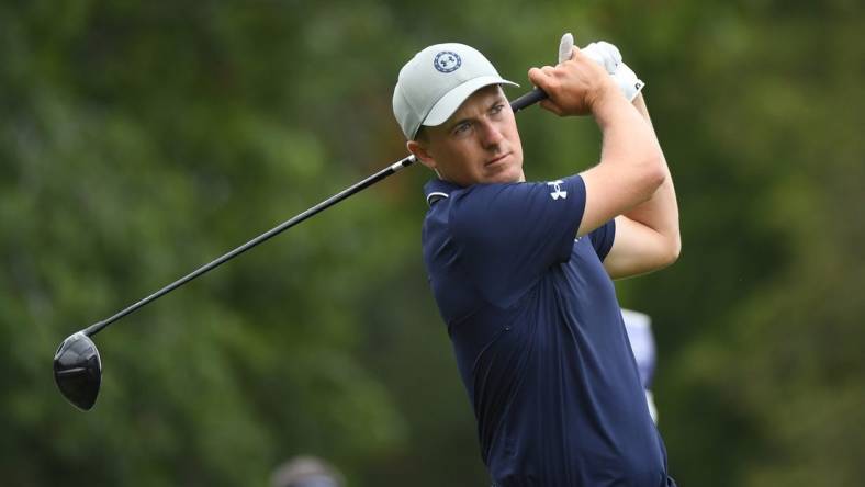 Aug 10, 2023; Memphis, Tennessee, USA; Jordan Spieth hits his tee shot on the second hole during the first round of the FedEx St. Jude Championship golf tournament. Mandatory Credit: Christopher Hanewinckel-USA TODAY Sports