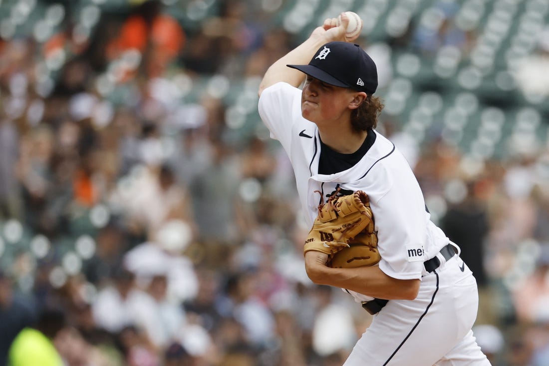 Aug 10, 2023; Detroit, Michigan, USA; Detroit Tigers starting pitcher Reese Olson (45) pitches in the second inning against the Minnesota Twins at Comerica Park. Mandatory Credit: Rick Osentoski-USA TODAY Sports