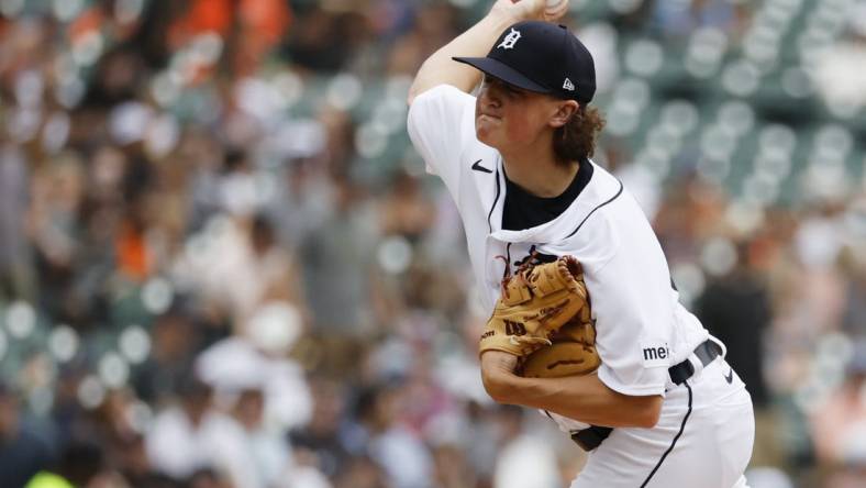 Aug 10, 2023; Detroit, Michigan, USA; Detroit Tigers starting pitcher Reese Olson (45) pitches in the second inning against the Minnesota Twins at Comerica Park. Mandatory Credit: Rick Osentoski-USA TODAY Sports