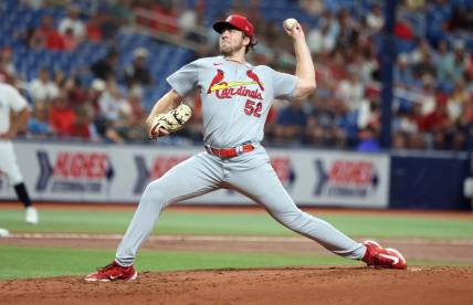 Aug 10, 2023; St. Petersburg, Florida, USA;  St. Louis Cardinals starting pitcher Matthew Liberatore (52) throws a pitch against the Tampa Bay Rays during the second inning at Tropicana Field. Mandatory Credit: Kim Klement Neitzel-USA TODAY Sports