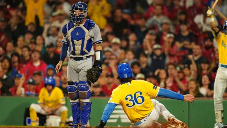 Aug 10, 2023; Boston, Massachusetts, USA; Boston Red Sox first baseman Triston Casas (36) scores on a sacrifice out by right fielder Alex Verdugo (99) (not pictured) against the Kansas City Royals in the fourth inning at Fenway Park. Mandatory Credit: David Butler II-USA TODAY Sports