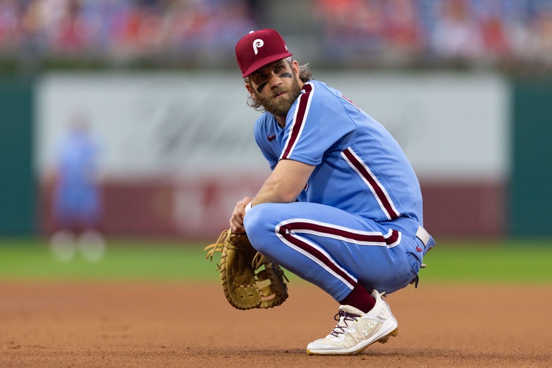 Aug 10, 2023; Philadelphia, Pennsylvania, USA; Philadelphia Phillies designated hitter Bryce Harper (3) looks on during a break in action in the first inning against the Washington Nationals at Citizens Bank Park. Mandatory Credit: Bill Streicher-USA TODAY Sports