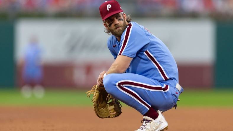 Aug 10, 2023; Philadelphia, Pennsylvania, USA; Philadelphia Phillies designated hitter Bryce Harper (3) looks on during a break in action in the first inning against the Washington Nationals at Citizens Bank Park. Mandatory Credit: Bill Streicher-USA TODAY Sports