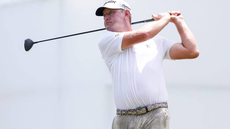 PGA Tour player Lucas Glover tees off on the eighteenth hole during the second round of the FedEx St. Jude Championship at TPC Southwind in Memphis, Tenn., on Friday, August 11, 2023.