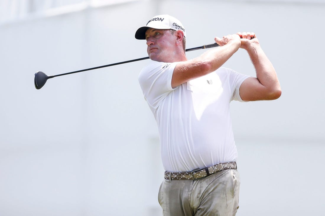 PGA Tour player Lucas Glover tees off on the eighteenth hole during the second round of the FedEx St. Jude Championship at TPC Southwind in Memphis, Tenn., on Friday, August 11, 2023.