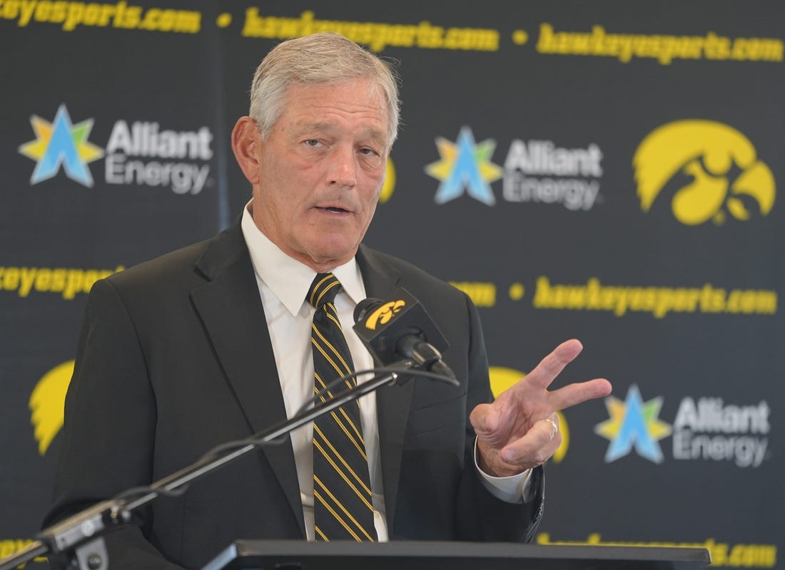 Iowa football coach Kirk Ferentz speaks during the Hawkeyes' media day on Friday, Aug. 11, 2023, in Iowa City.